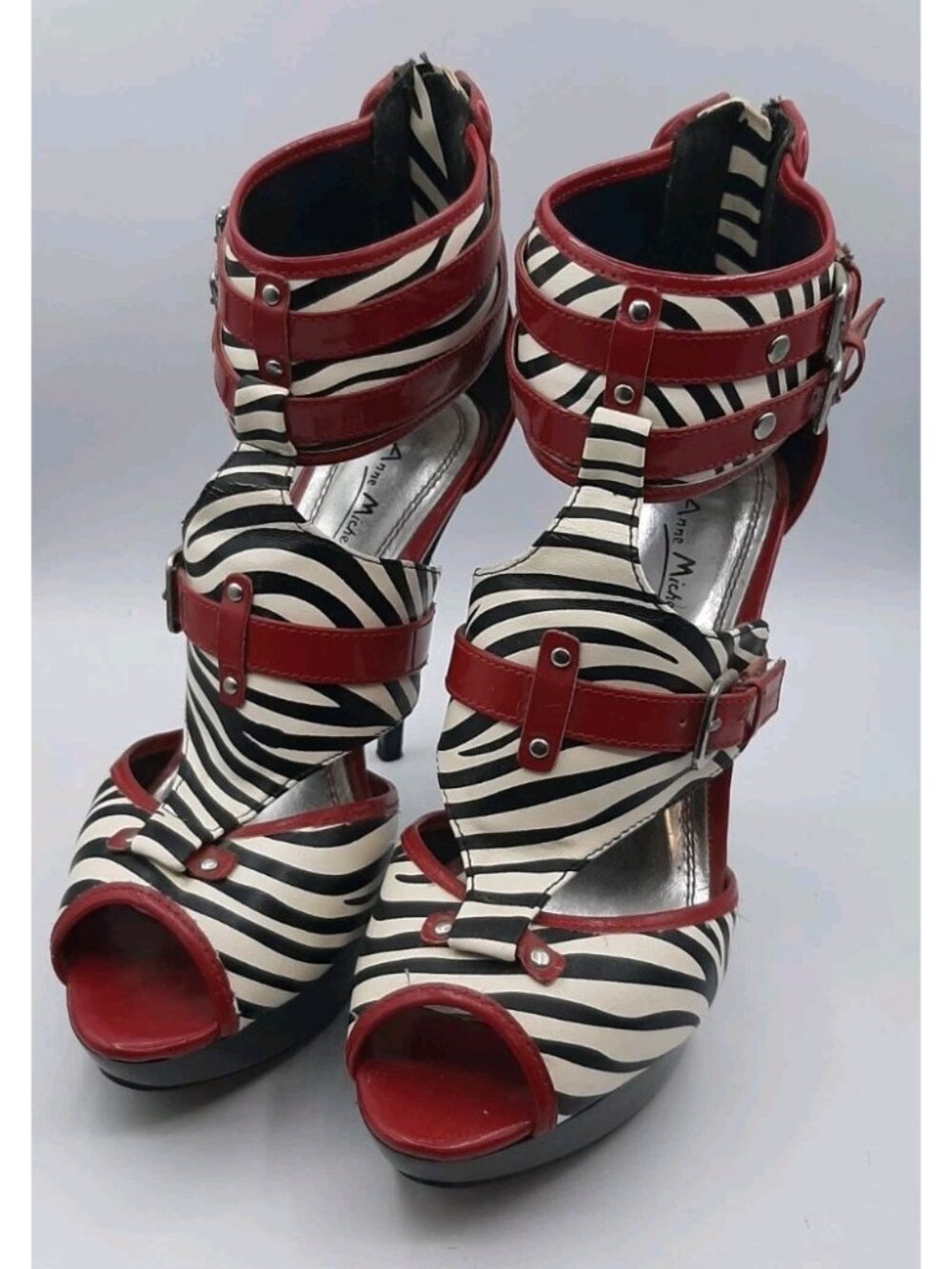 Nightclub Sexy Zebra Print Anne Michelle Peep Toe Buckle Stiletto Shoes Size 8